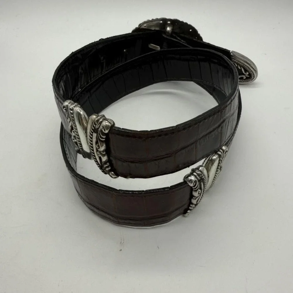 Brighton Belt Womens Medium Brown Embossed Leather Silver Buckle Western Style‎